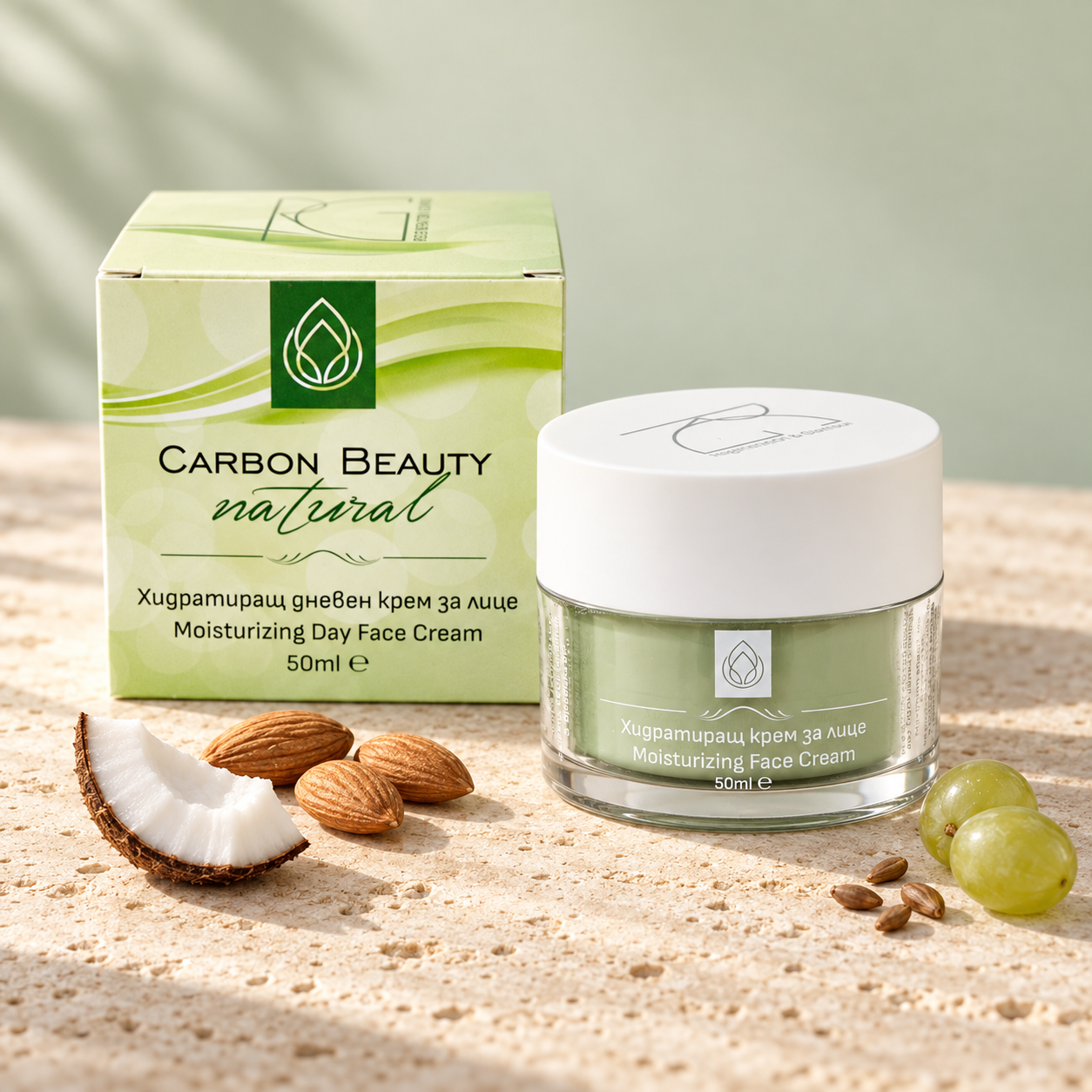 Хидратиращ крем за лице NATURAL, 50 ml, с кутия, бадеми, кокос и грозде